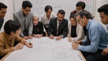 En gruppe mennesker fra ulike bakgrunner og aldersgrupper samles rundt en whiteboard og brainstormer og skriver ned ideer for et nytt initiativ.