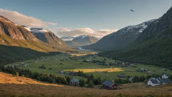 Et malerisk bilde av Rypdal, en norsk fjellregion med en liten landsby, omgitt av åser og fjell.