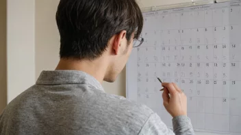 En person sitter ved et skrivebord og ser på en kalender med et forventningsfullt uttrykk.