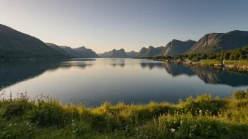 Et idyllisk landskap i Norge under sommeren, med en klokke som viser tidsendringen.