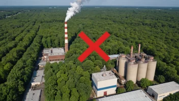 En fabrikk med en skorstein, som symboliserer forurensning, med en rød X gjennom den, som indikerer en reduksjon i utslipp, omgitt av grønne trær og en blå himmel, som representerer et renere miljø.