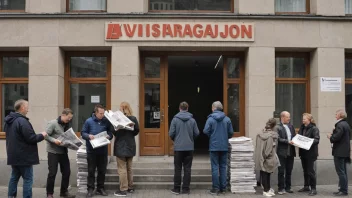 Et bilde av en avisorganisasjonsbygning med en stor skilt som leser 'Avisorganisasjon' på norsk.