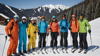 En gruppe mennesker i skidress, stående foran en skistasjon.