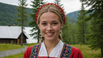 En kvinne med et mildt smil og en tradisjonell norsk kjole