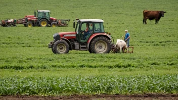 En gardsarbeider i et jorde, med en traktor og kuer i bakgrunnen.