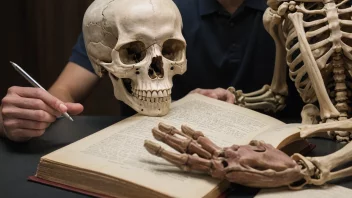 En person studerer et menneskeskjelett, med en bok om osteologi i bakgrunnen.