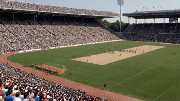 Et stadion fylt med utøvere som konkurrerer i forskjellige sporter, med trofeer og medaljer på display.