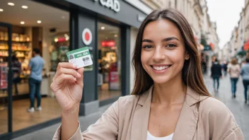 En person som holder et fordelskort med et smil, foran en butikk med rabatter og tilbud