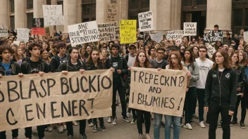 En gruppe studenter vises mens de protesterer eller demonstrerer, med skilt og bannere, i en by eller universitetsmiljø.