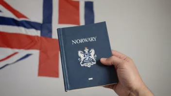 En person som holder en bok med et norsk flagg i bakgrunnen.