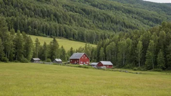 Et pittoreskt norsk landskap med en liten gård og en skog.