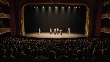 En teaterscene med en forestilling i gang, med skuespillere, lys og et fullt publikum.