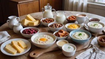 En tradisjonell norsk frokostbord med ulike melkebaserte retter.