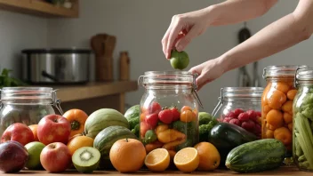 Et bilde av en person som konserverer mat i en jar, med ulike frukter og grønnsaker i bakgrunnen.