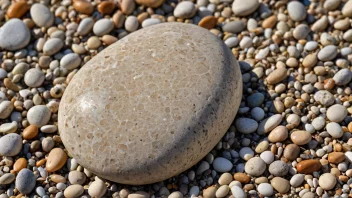 En liten, glatt stein på en strand eller elvebredd.