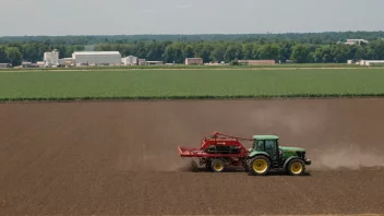 En traktor som spreder gjødsel på en åker, med en fabrikk i bakgrunnen.