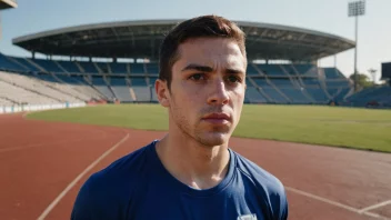 En person i idrettsutstyr, med en bestemt uttrykk, stående foran et stadion eller idrettsarena, som symboliserer en idrettsutøver som er klar til å konkurrere.