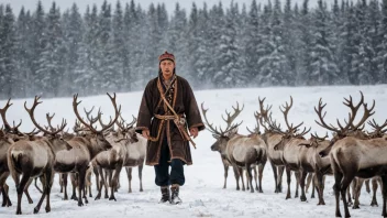 En reinsdyrk i tradisjonelle klær, omgitt av reinsdyr i et snølandskap.