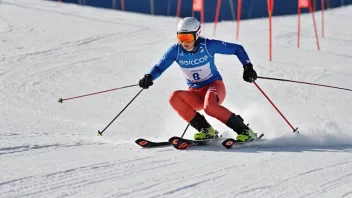 En skiløper i en slalåmbane med slalåmutstyr, inkludert ski, staver og hjelm