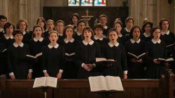 Et kor som synger i en kirke med en alvorlig atmosfære.