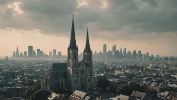 Et bilde som illustrerer begrepet sekularisering, med en avtagende kirke i bakgrunnen og en voksende bylandskap i forgrunnen.