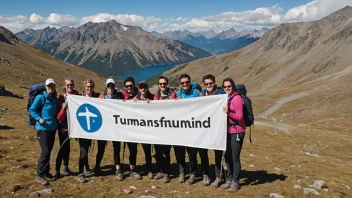 En gruppe mennesker som går på tur i fjellet, med et banner eller flagg med et turmarsjforbund-logo.