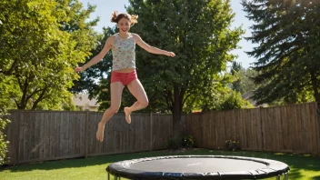 En person som hopper på en trampoline i en hage med en solfylt himmel