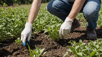 Et bilde av en person som fjerner uønskede planter fra en åker, med fokus på prosessen med å fjerne uønskede planter.