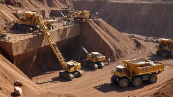 Et bilde av en gruveoperasjon med maskiner og arbeidere som utvinner mineraler fra jorden.