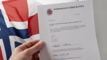 En person som holder et dokument med et norsk flagg i bakgrunnen.