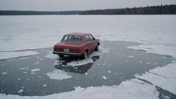 En bil har kjørt gjennom isen på en frossen innsjø, og etterlatt seg en ujevn og sprengt isflate.