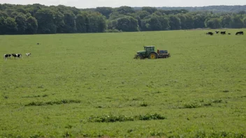 En vakker utsikt over en åker med planter og en traktor, med kuer som beiter i bakgrunnen.