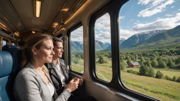 Et tog som kjører langs en svingete spor gjennom en frodig grønn dal med fjell i bakgrunnen.