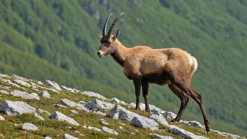 En gemse står på en steinete utstikker, med et fjellandskap i bakgrunnen.