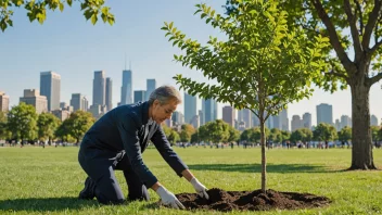 En person planter et tre i en park med en bysilhuett i bakgrunnen.