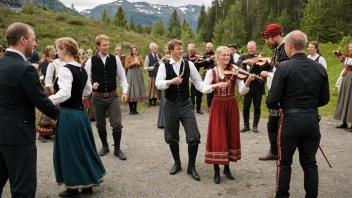 En gruppe mennesker i tradisjonelle norske klær danser i en sirkel, med en felespiller i sentrum.