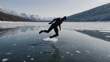 En person i våtdrakt, dykker i isvann, med et vakkert vinterlandskap i bakgrunnen.