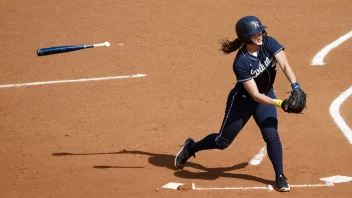 En softballspiller i aksjon, svinger en bat og slår en softball.