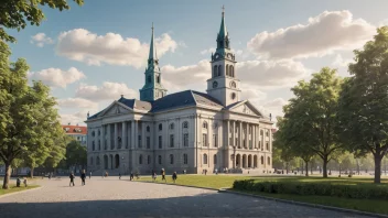 Et bilde av en norsk regjeringsbygning med en kirke i bakgrunnen, som representerer forbindelsen mellom regjeringen og kirken.