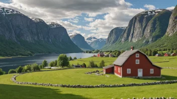 En tradisjonell norsk gård med et rødt fjøs og et hvitt hus.