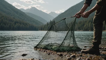 En person som bruker et fiskegarn i en naturlig omgivelse.