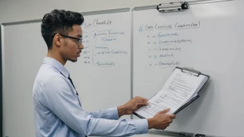 En illustrasjon av en person som holder en clipboard med en sjekkliste, stående foran en whiteboard med en flytdiagram, omgitt av tannhjul og kugghjul, som symboliserer prosessen med standardisering.