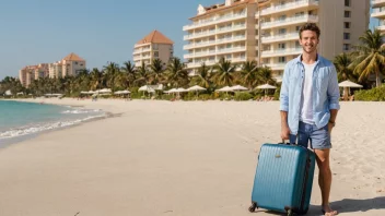 En glad person på ferie, med en koffert og et smil, stående foran en vakker strand eller et hotell