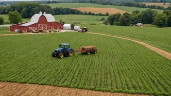 En gård med en traktor, kuer og åkre med avlinger