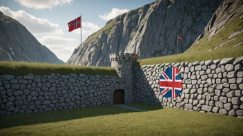 En forsvarsrekke eller struktur, som en mur eller en rekke fortifikasjoner, med et norsk flagg eller andre norske elementer i bakgrunnen.