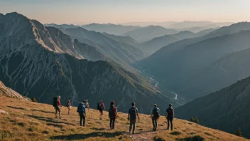 En gruppe mennesker på en guidet tur i fjellet, med en fantastisk utsikt i bakgrunnen.