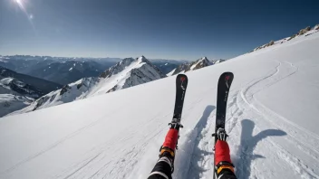 Et par splittkeinski med en person i bakgrunnen, som kjører ned en snødekt fjell.