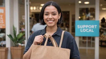 En person som holder en handlepose med et smil, i bakgrunnen en butikk med en skilt som sier 'støtt lokale bedrifter'