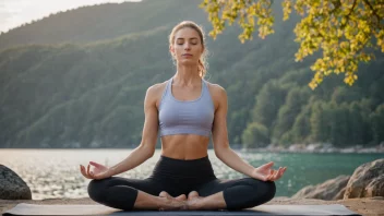 En person i en yogastilling eller strekkende pose, med en rolig og fredelig bakgrunn.