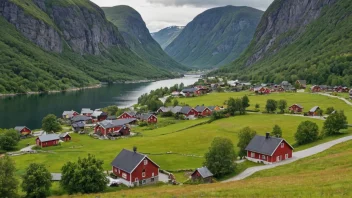 En pittoresk norsk landsby eller gård med tradisjonell arkitektur.